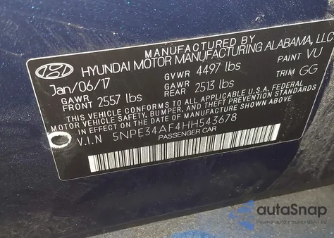 2017 Hyundai Sonata Sport из США, поврежденный, VIN 5NPE34AF4HH543678